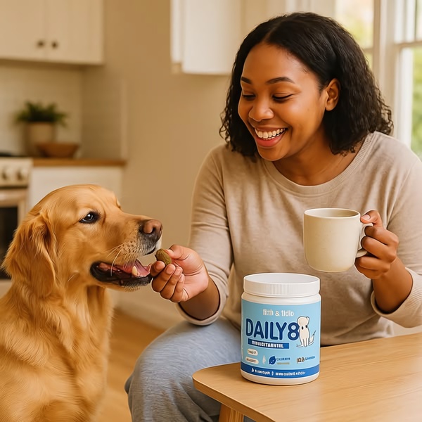 A close-up, high-quality image showing a woman sharing a daily dog treat with her golden retriever while relaxing in a domestic setting.